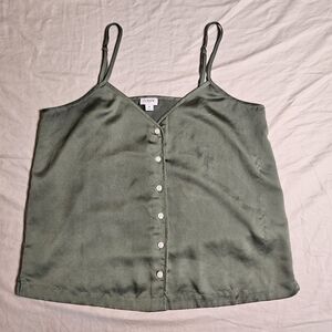 J.Crew M Medium Sage Green Polyester Satin Button-Up Cami Cami V-Neck Blouse Top